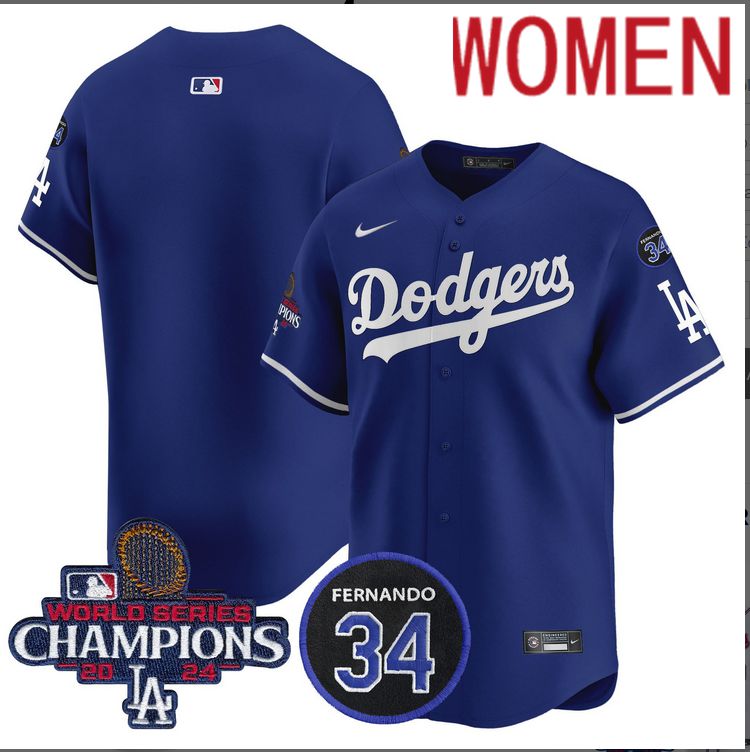 Women MLB Los Angeles Dodgers blank  blue 2024 World Series Champions Patch Limited Jersey